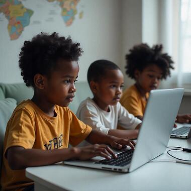 Black kids coding on laptop